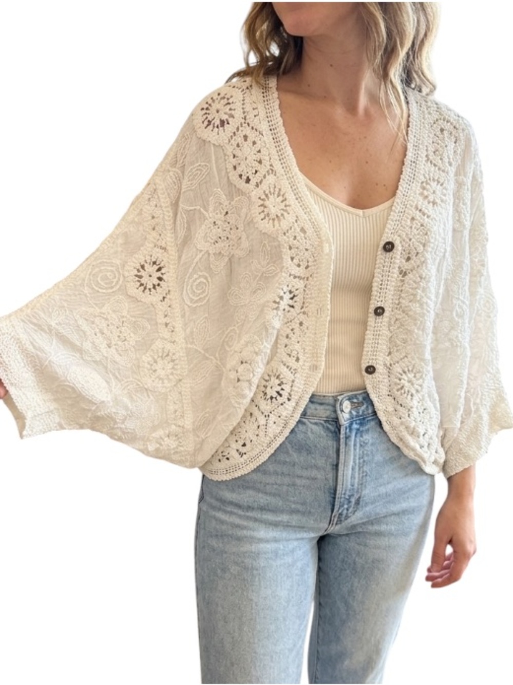 POL Crochet Lace Floral Embroidered Kimono Cardigan Top Ivory